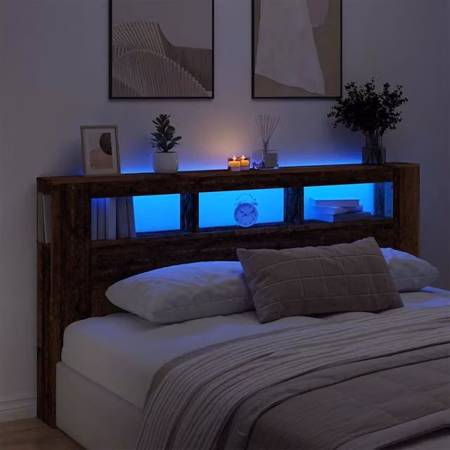 Berkfield Home Modern LED Headboard in Brown with Integrated Lighting, Shelf and USB Charging Port, W/D/H: 200 x 18.5 x 103.5 cm – 1