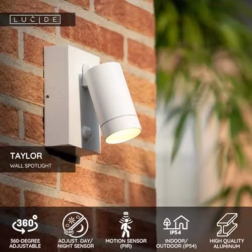 Lucide Taylor Dimmable Outdoor Wall Spotlight in White with Motion Sensor and GU10 LED Support – 2
