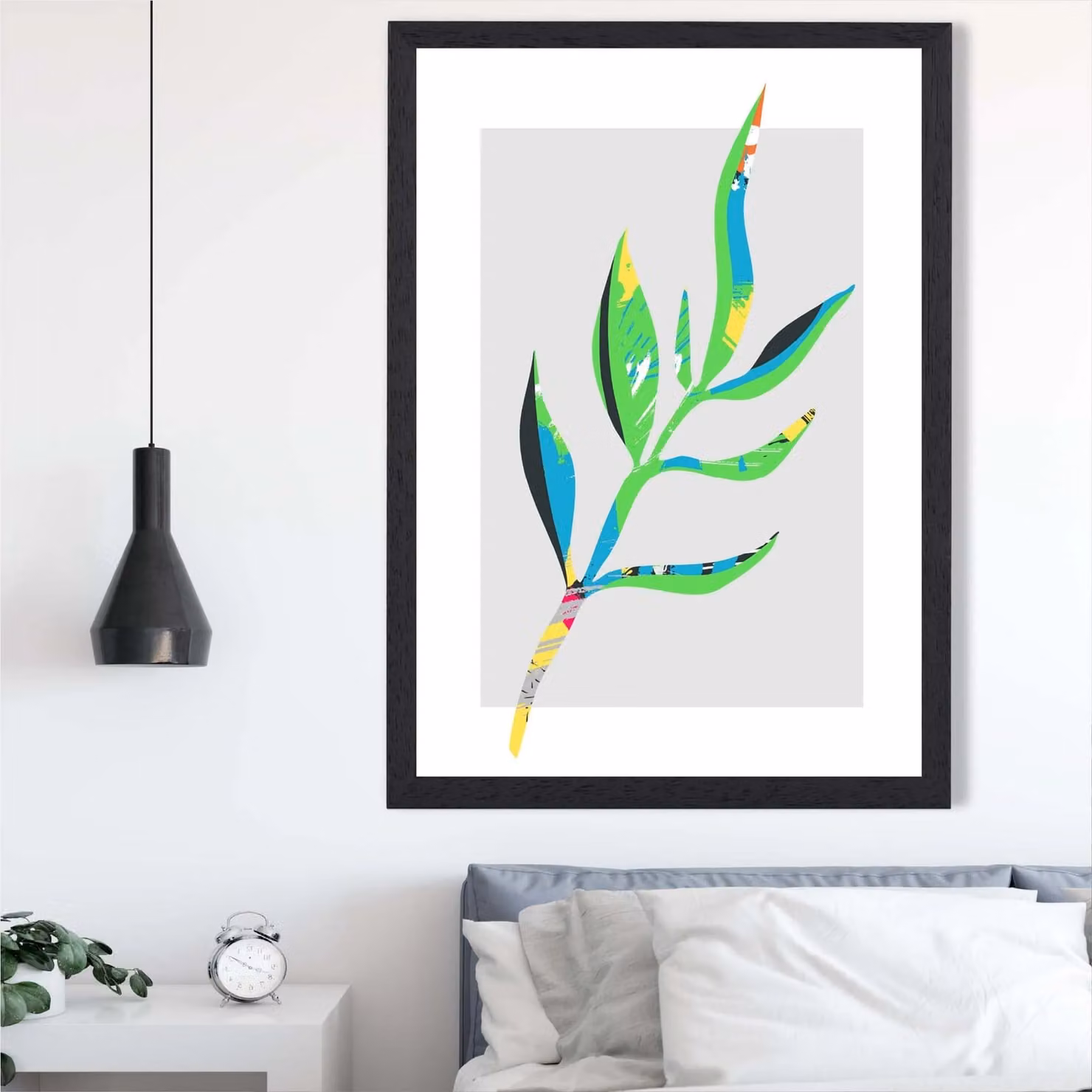ARTZE Papyrus Leaf Abstract Minimalist Framed Print in Blue and Green with Black Frame, A2 – 2