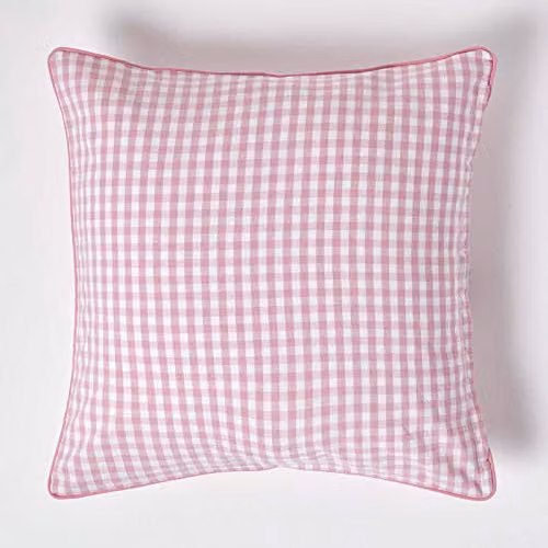 Homescapes Pink and White Gingham Check Cotton Square Cushion Cover, 60 x 60 cm