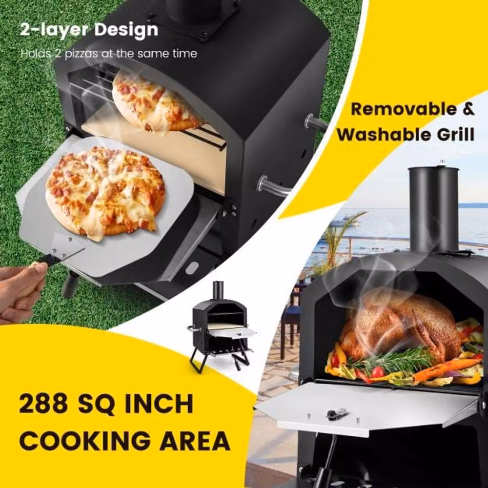 Costway Outdoor 2-Layer Wood Fired Pizza Oven with Pizza Stone, Black, W/D/H: 72 x 44 x 44 cm – 6