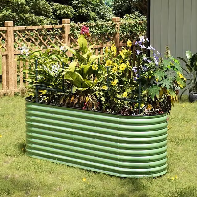 Livingandhome Oval Galvanised Steel Raised Garden Bed, Green, Height: 80 cm
