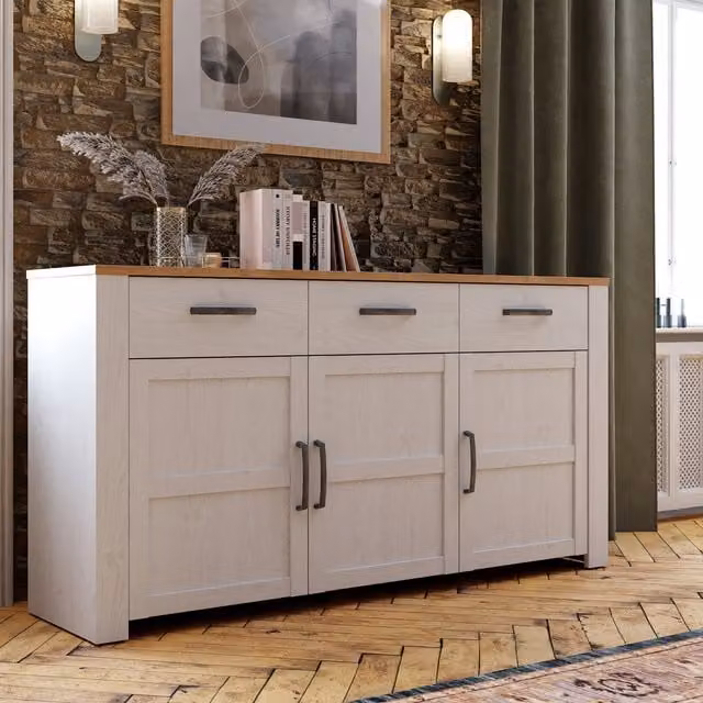 Furniture To Go Bohol 3 Door 3 Drawer Sideboard in Riviera Oak and White with Soft Close Drawers