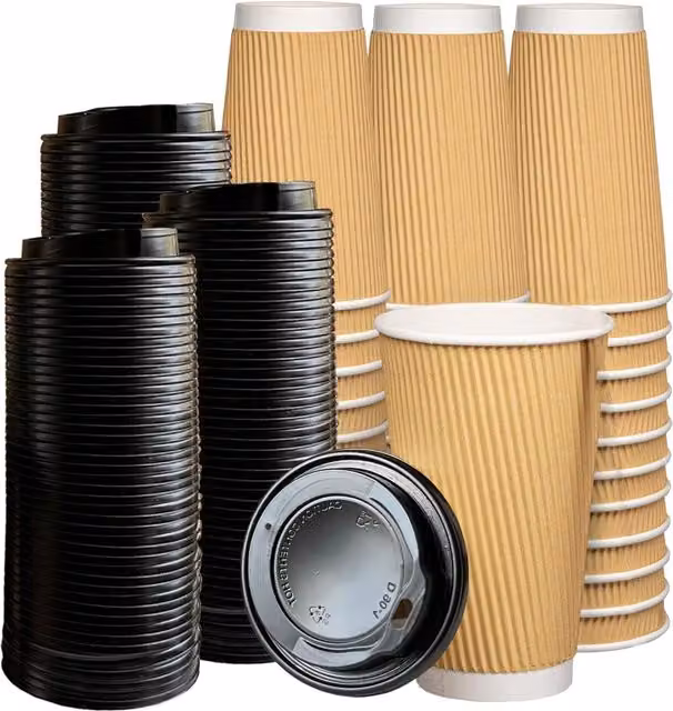 ECONX Disposable Paper Coffee Mugs with Lids, Black and Brown, 475ml, Pack of 50