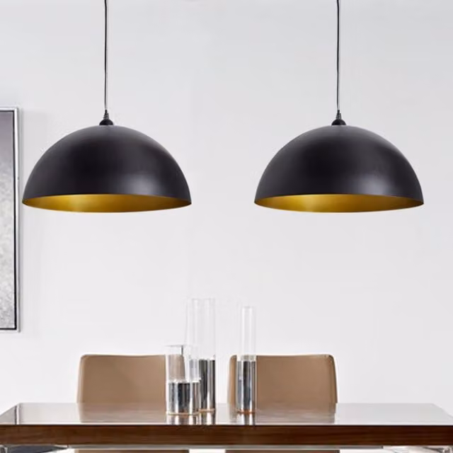 Berkfield Home Set of 2 Black Metal Semi-spherical Suspended Ceiling Lamps with Height-adjustable Dome Design