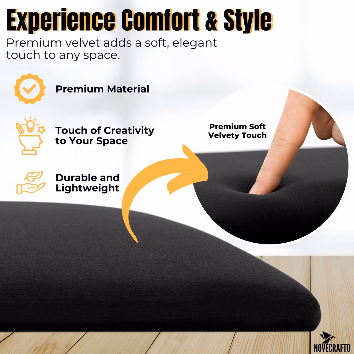Novecrafto Set of 4 Soft Velvet Upholstered Wall Panels with Adhesive, Black, W/D/H: 30 x 30 x 3 cm – 2