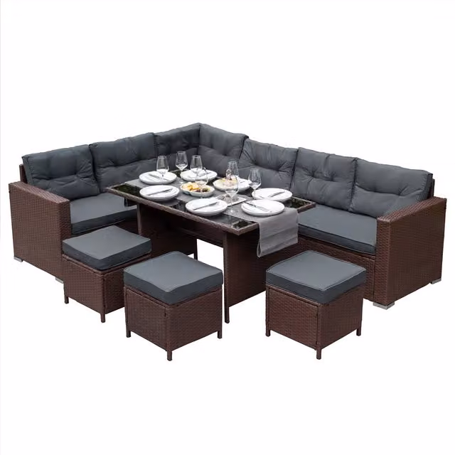 Jardi Modern Rattan Corner Set with Glass in Brown and Grey