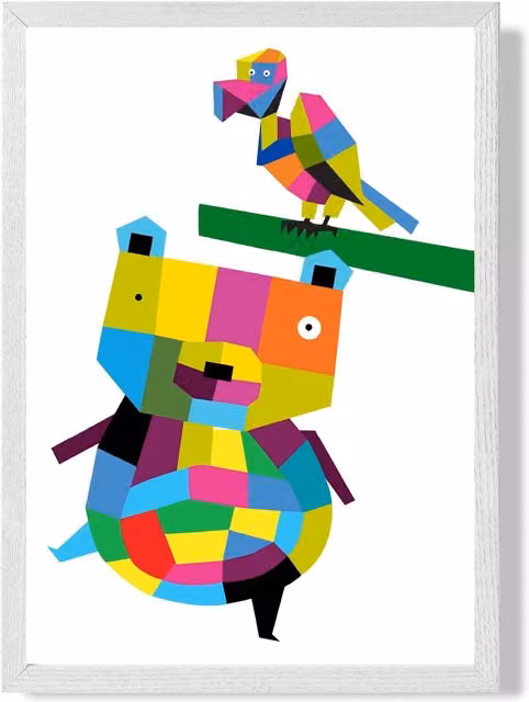 ARTZE Bear Bright Geometric Animal Framed Print in White, Multicolour and Black, A2 Size