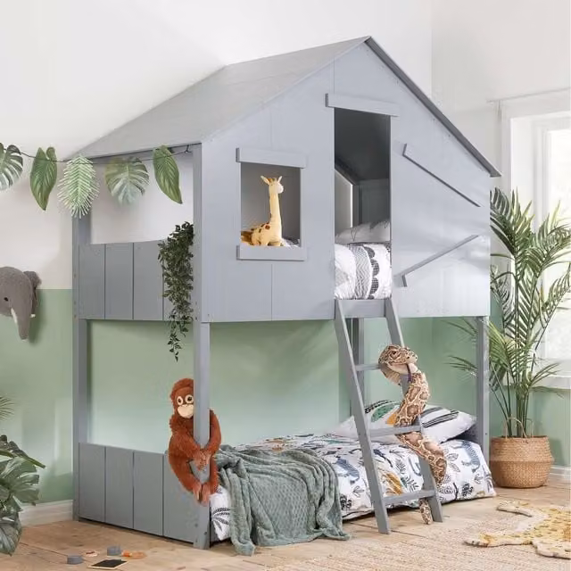 Birlea Safari Solid Pine Bunk Bed House Frame in Grey or White, W/D/H: 90 x 190 x 230 cm