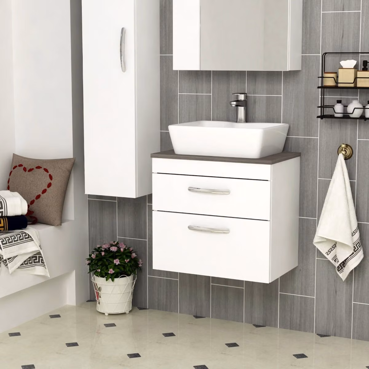Royal Bathrooms 800mm Wall Hung Gloss White Vanity Unit with 2 Drawers and Cube Countertop Basin