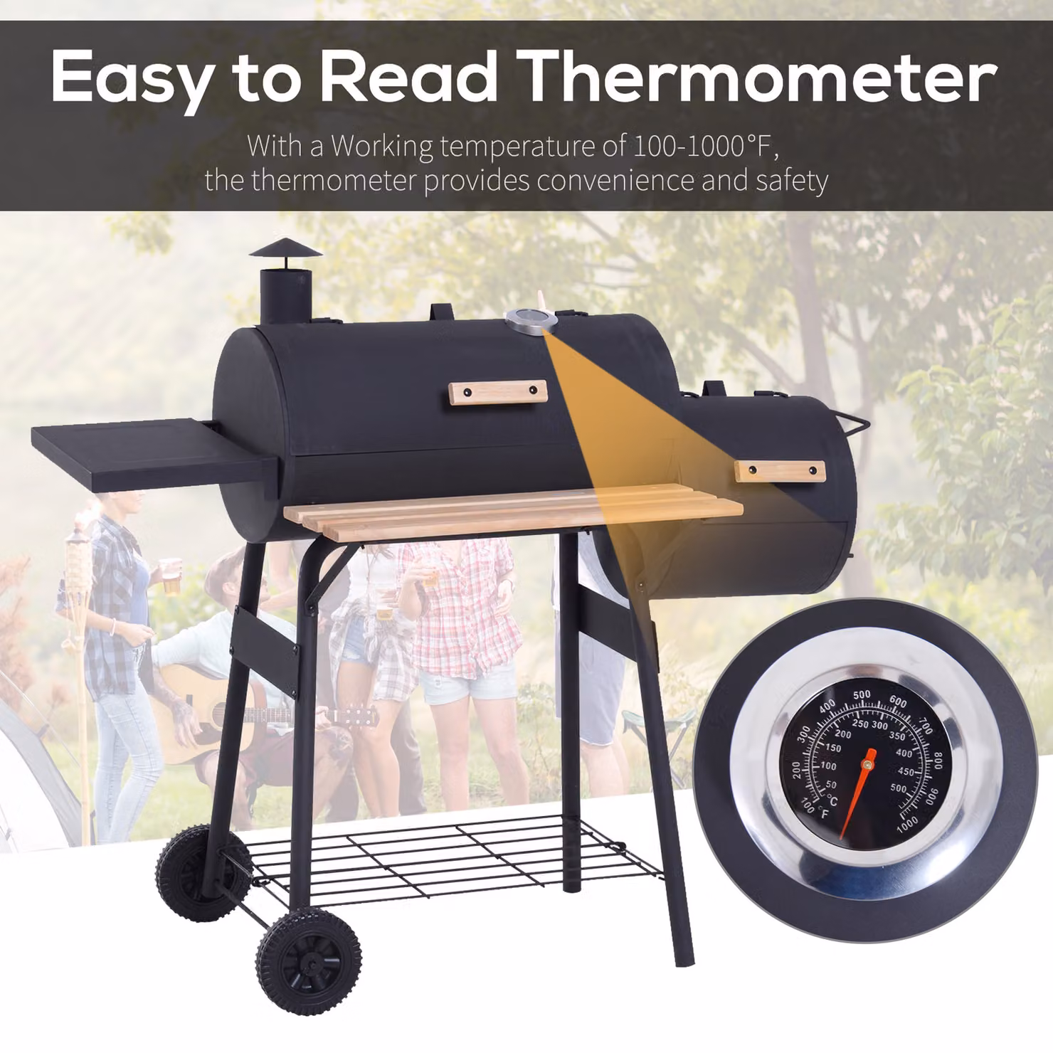 Outsunny Charcoal Barbecue Grill and Offset Smoker Combo with Wheels and Thermometer, Black, W/D/H: 124 x 53 x 104 cm – 4
