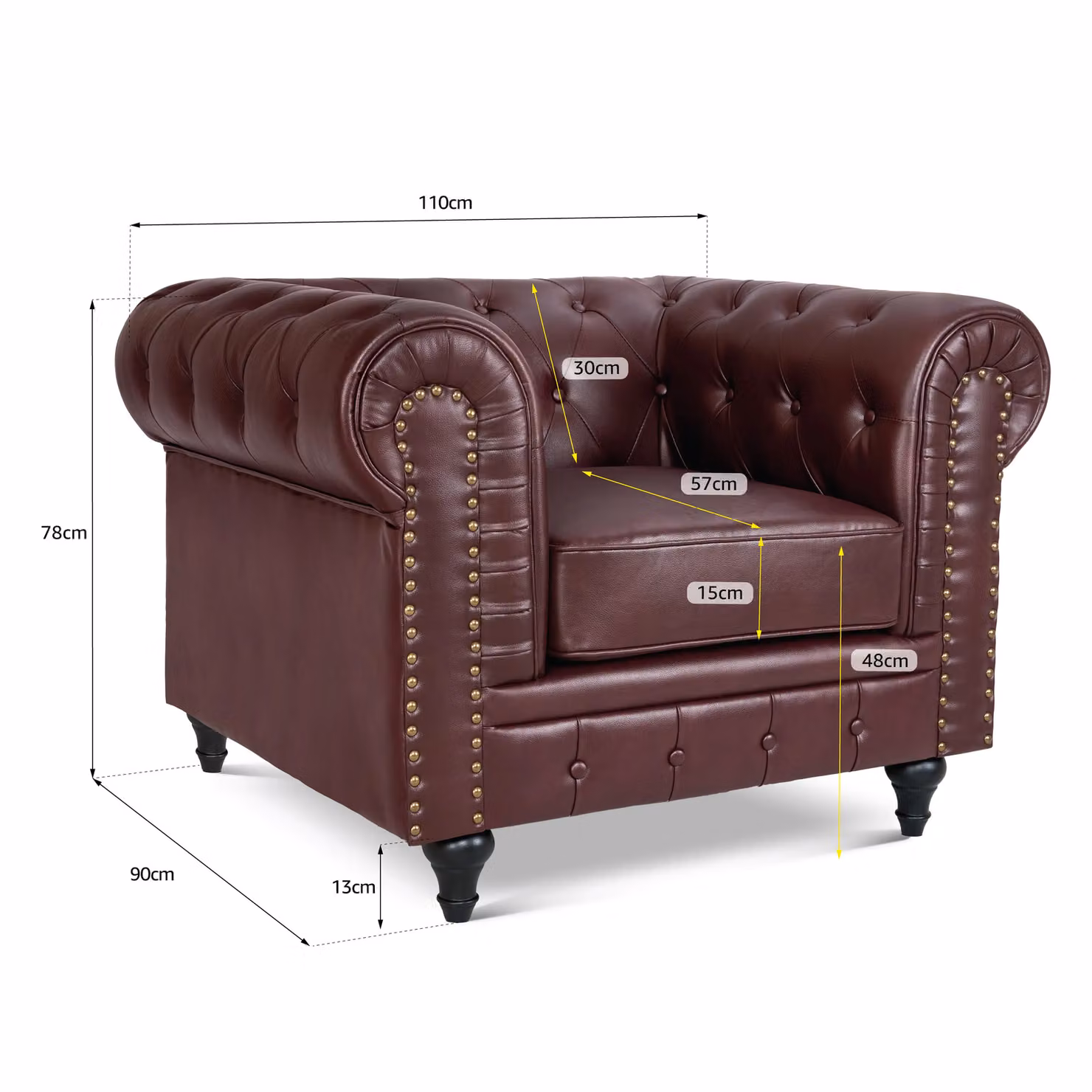 Bravich LTD Chesterfield Faux Leather Button-Tufted 1 Seater Armchair in Brown – 2