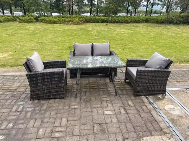 Fimous 4 Seater Dark Grey Rattan High Back Outdoor Sofa and Dining Table Set