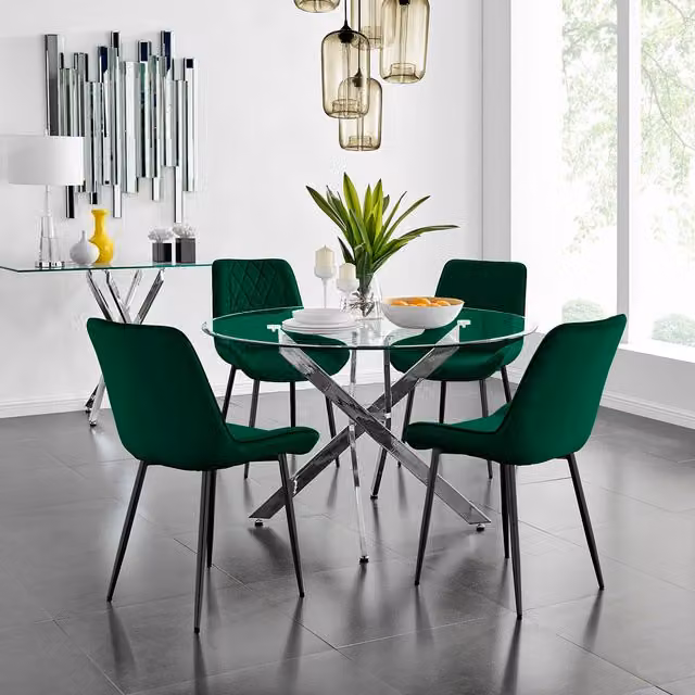 FurnitureboxUK Novara Round Glass Dining Table with Four Pesaro Green Chairs and Black Legs, Diameter: 120 cm