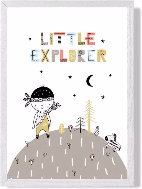 ARTZE Cute Little Boy Explorer Scandi Quote Framed Print, White Frame, Pale Blue, A3