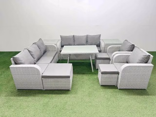 Fimous Rattan High Back Lounge Sofa Set with Reclining Chairs and 2 Side Tables in Light Grey