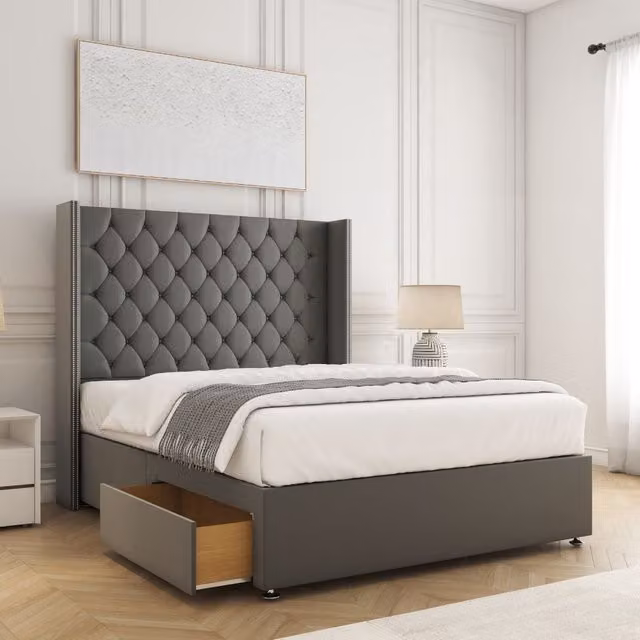 BSSPOKE Olivia Plush Grey Velvet Upholstered Double Divan Bed with 54 inch Headboard, Footend and 2 Drawers, W/D/H: 140 x 200 x 30.48 cm