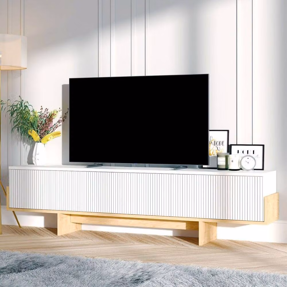CALICOSY TV Cabinet with 3 Grooved Drop-Down Doors, White, Width: 180 cm – 2