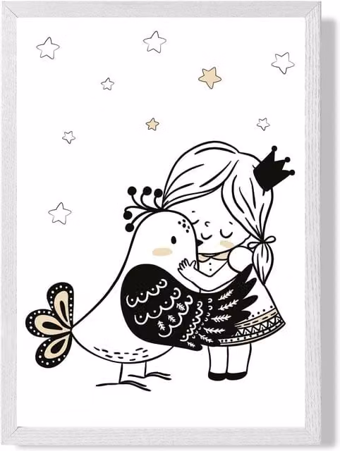 ARTZE Scandi Princess Little Hugging Bird Framed Illustration in Black and White – 1