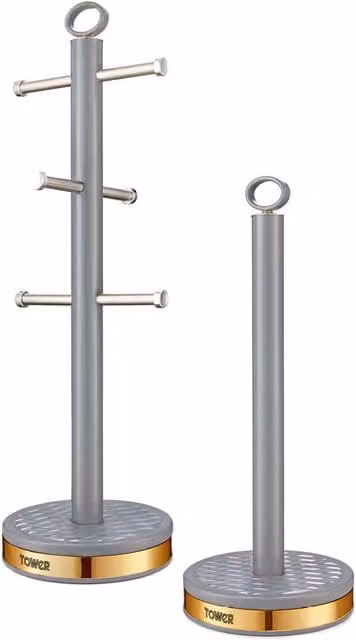 Empire Freestanding 6 Cup Mug Tree and Towel Pole Set in Grey and Black with Anti-Slip Stainless Steel Base