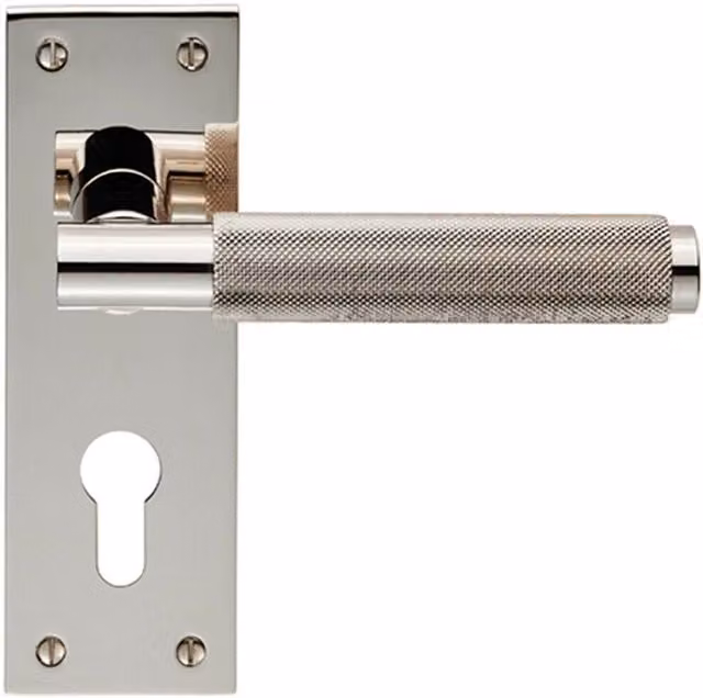 Loops Pair of Knurled Round Lever Handles on Slim Euro Lock Backplate, Polished Nickel, W: 150 mm x H: 50 mm