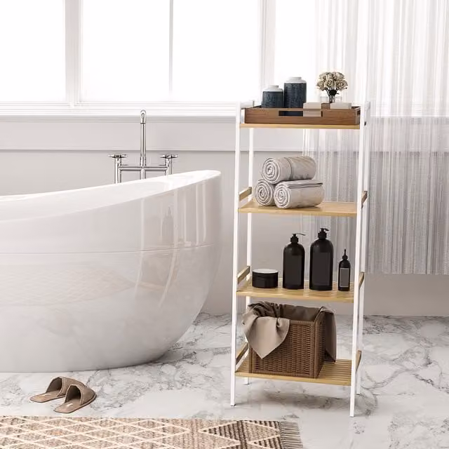 HOMCOM 4 Tier Bamboo Bathroom Storage Shelf with Adjustable Shelves, White, Height: 111 cm