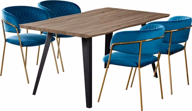 Life Interiors Atarah Rocco LUX Modern Rectangular Dining Set with 4 Upholstered Chairs in Blue, Black and Gold