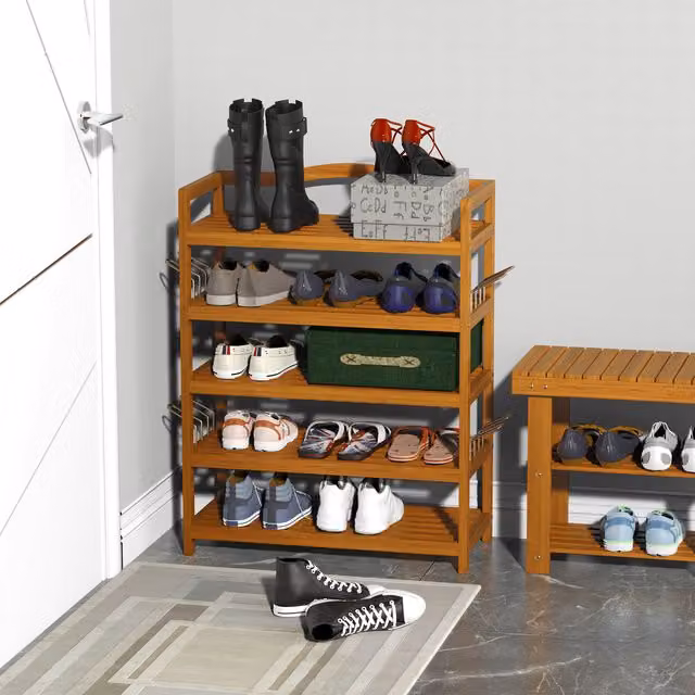 HOMCOM 5-Tier Acacia Wood and Metal Shoe Rack Organiser in Brown