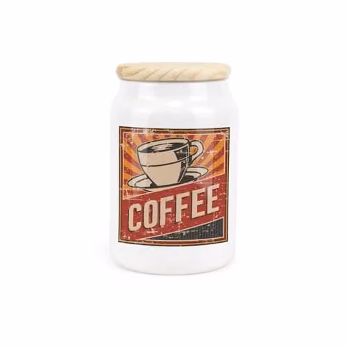 Purely Home Retro Drinks Ceramic Coffee Storage Canister with Wooden Lid, Red or White, 600ml, H: 14.5 cm, W: 9.5 cm