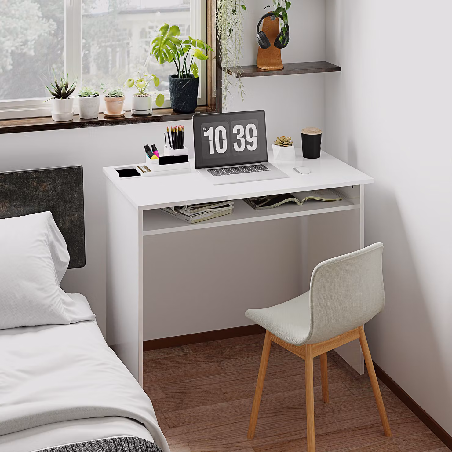 HOMCOM Modern High Gloss Writing Desk with Storage Shelf in White – 2