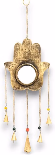 KDMD Indian Chimes Hamsa Large Gold Mirror with 5 Metal Bells