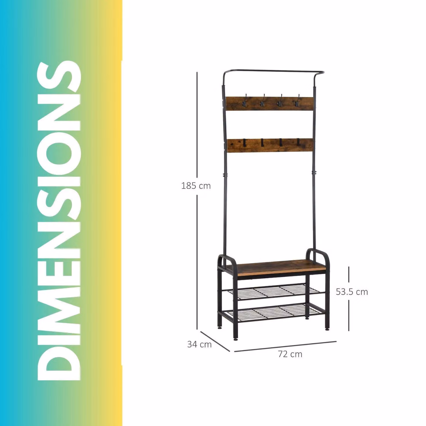 Pirlo Plush Industrial Hall Tree Coat Rack Stand with Shoe Storage Shelves and Bench in Brown – 2