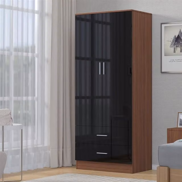 REFLECT 2 Door 2 Drawer Wardrobe with Black High Gloss and Matt Walnut Finish