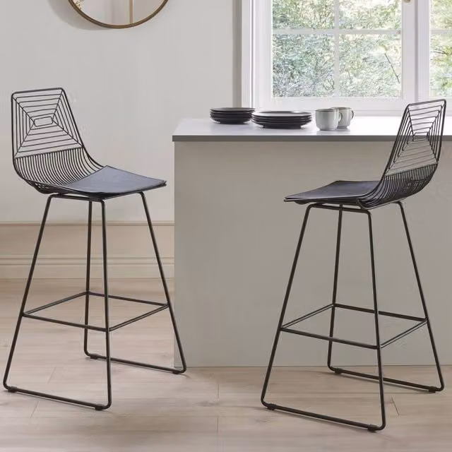 Wyld Haus NovaLine Set of 2 Black Metal Bar Stools with Faux Leather Seats – 1