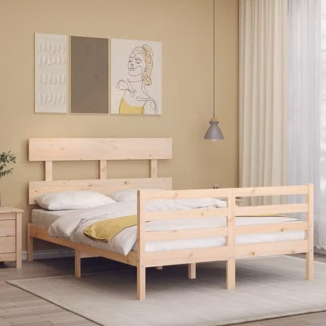 Berkfield Home Small Double Solid Wood Bed Frame with Headboard in Brown