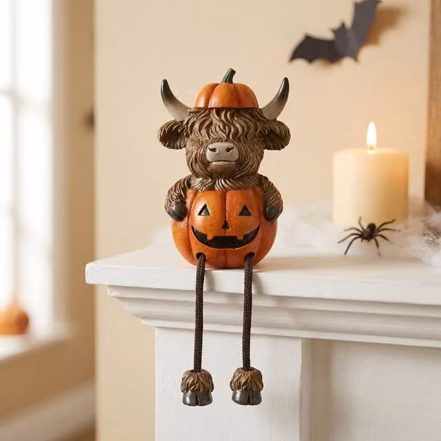 Garden Greatness Highland Cow Sitting in Pumpkin Multicolour Rustic Tabletop Shelf Sitter