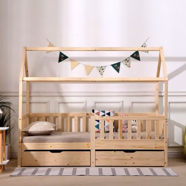 HMD Kids House Bed Frame with 2 Storage Drawers in Natural Solid Pine Wood