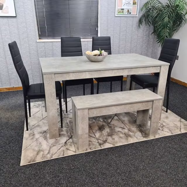 Kosy Koala Modern Rectangular Dining Set with Table, 4 Metal Chairs and 1 Bench in Black and Grey