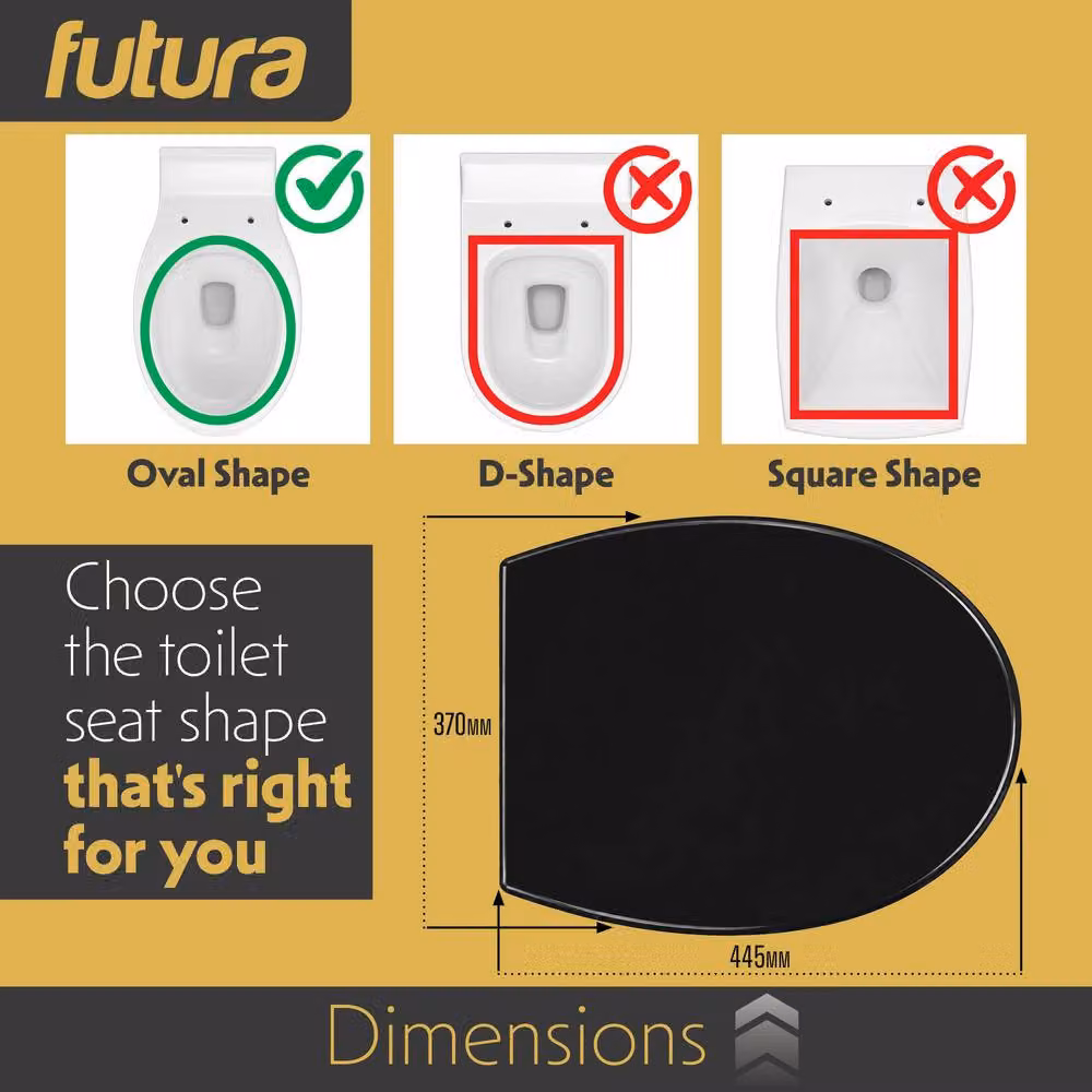 Futura D-Shaped Soft Close Toilet Seat in Black with Quick Release and Removable Features, W: 44.5 cm, D: 42.5 cm, H: 50 cm – 5