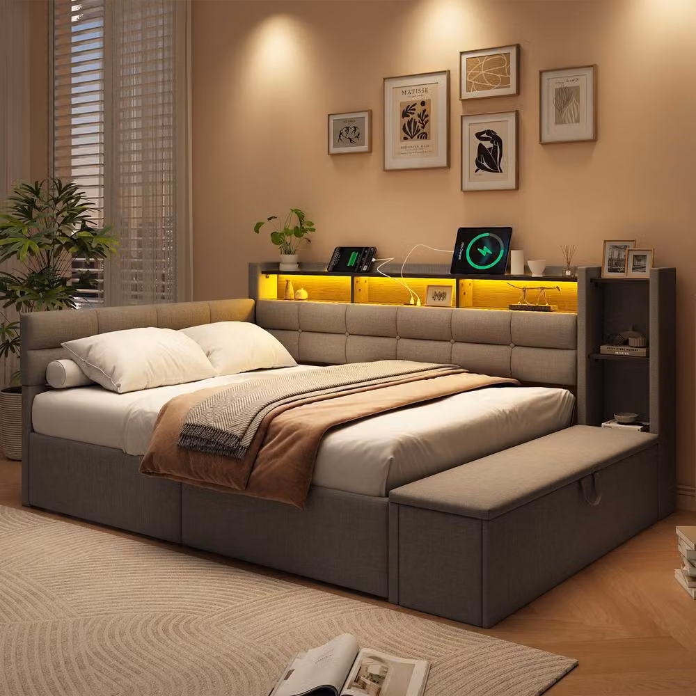 ModernLuxe Upholstered Double Bed in Grey with LED Lighting, Storage Drawers, USB Charging Port and Bedside Shelf, W/D/H: 140 x 190 x 65.25 cm – 2