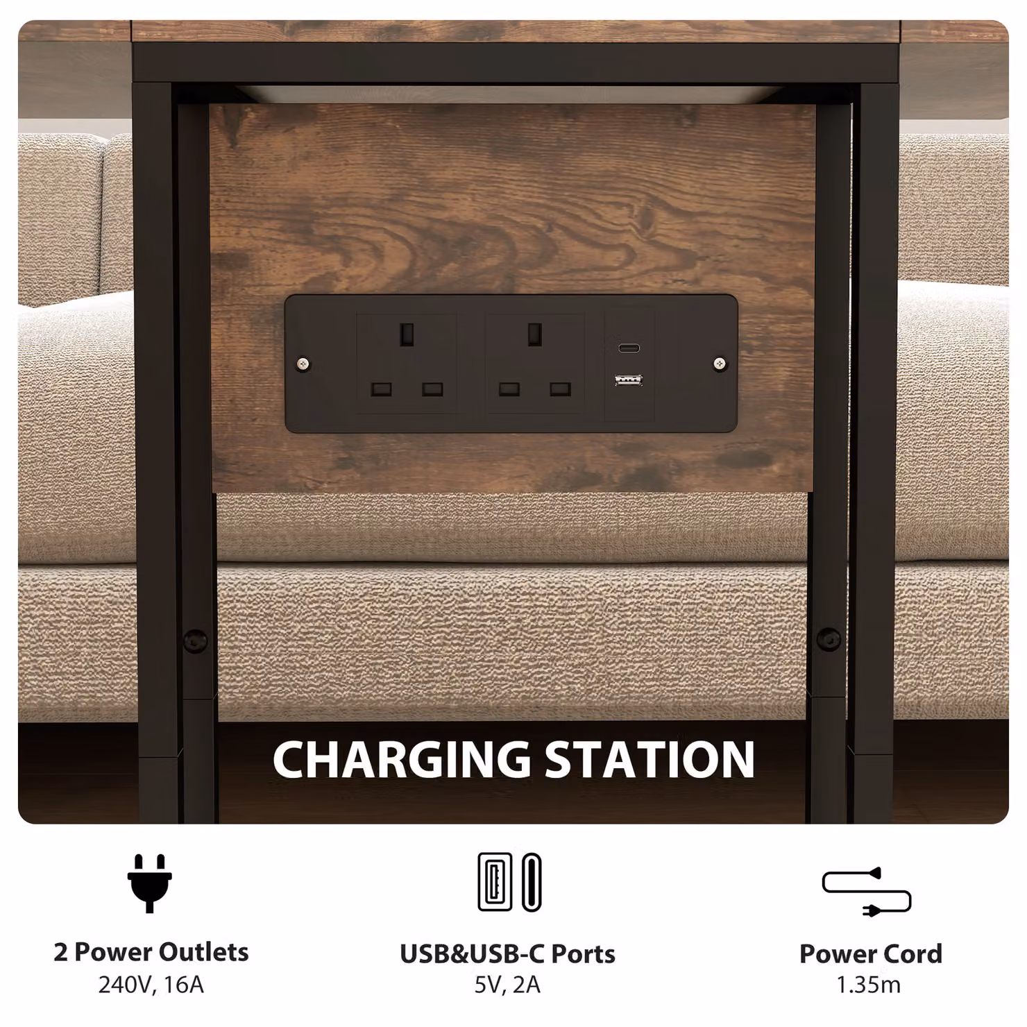 HOMCOM Compact Rustic Brown Table with Charging Station and Foldable Top – 5