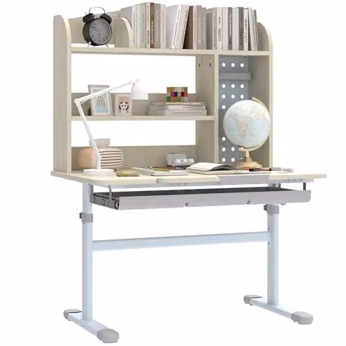 AIYAPLAY Height Adjustable Kids Desk with Tilting Top for Ages 3-12 Years, Beige and White