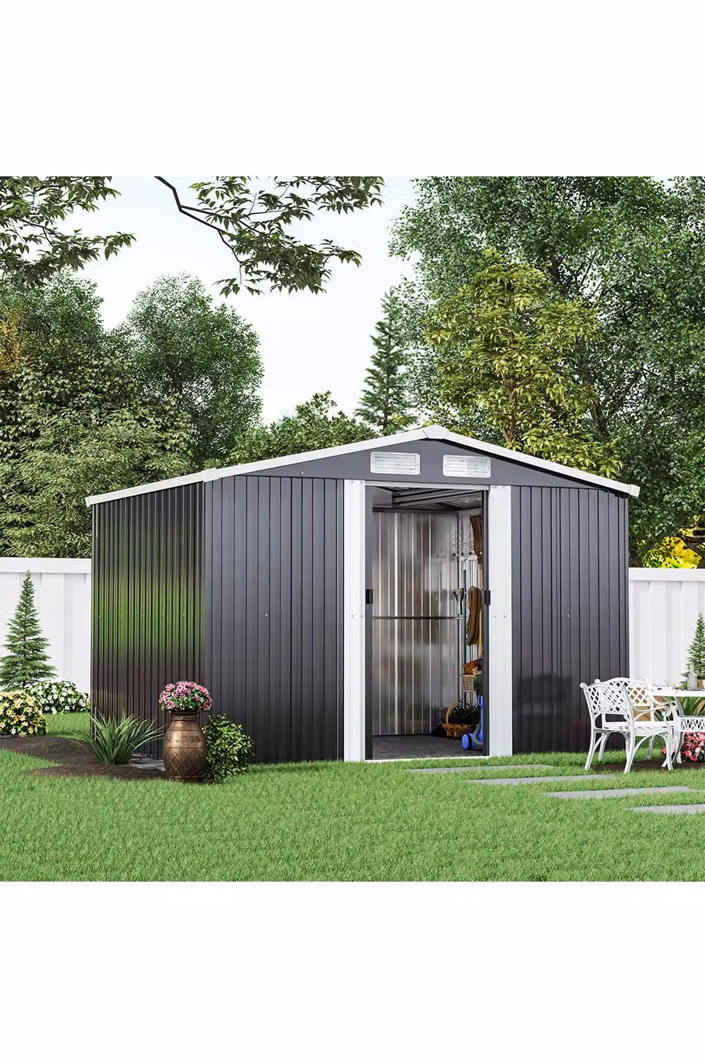 Living and Home Waterproof Metal Garden Tool Storage Shed with Floor, Black, W: 182.88 cm, D: 243.84 cm, H: 178.0 cm – 2