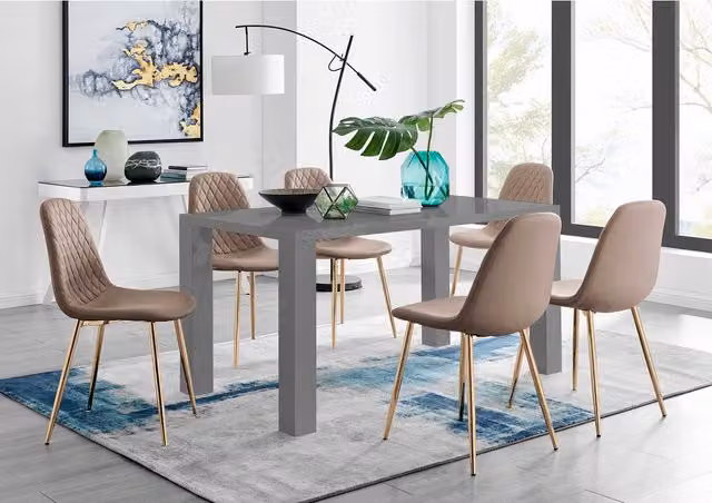 FurnitureboxUK Pivero Grey High Gloss Rectangular Dining Table and 6 Corona Gold Chairs