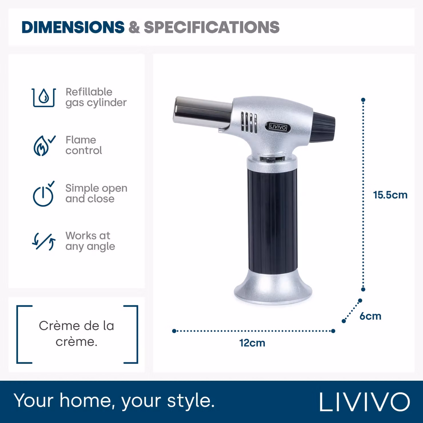 LIVIVO Cooking Blow Torch with Adjustable Flame Control in Metallic Silver – 5