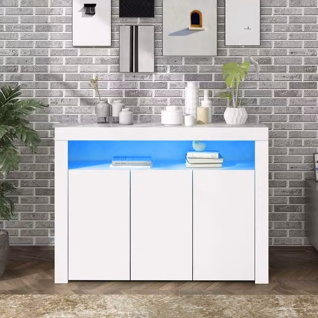 Tokpiedi High Gloss Minimalist Sideboard Buffet Unit in White with Integrated Lighting – 1