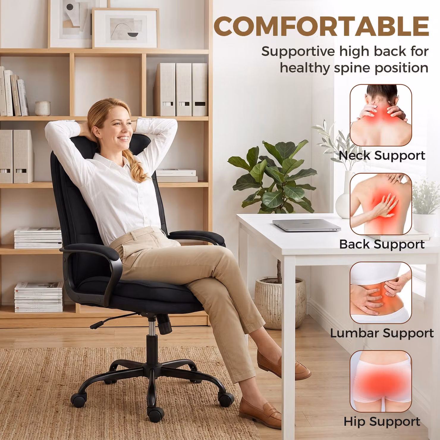 HOMCOM Black Linen-Look Double Padded Task Office Chair with Armrests and Castors – 4