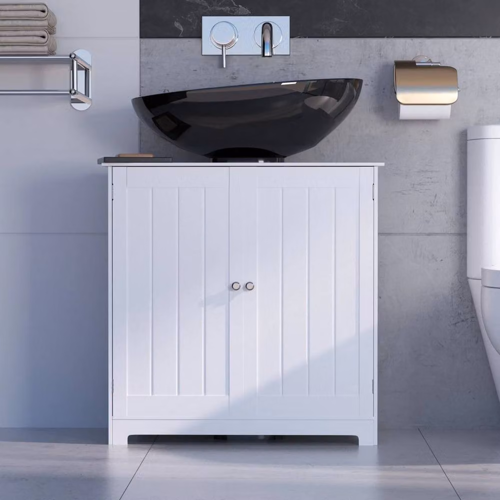 Kelvenix Modern White Lacquered Wooden Bathroom Sink Cabinet with Hinged Doors and Internal Shelves – 2