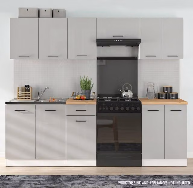 Heze Furniture Summer 7 Unit Kitchen Cabinet Set in Light Grey Gloss, Width: 240 cm – 1