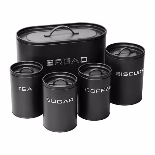 Simpa 5-Piece Matte Black Metal Kitchen Storage Set Including Bread Bin, Biscuit Tin and Canisters – 4